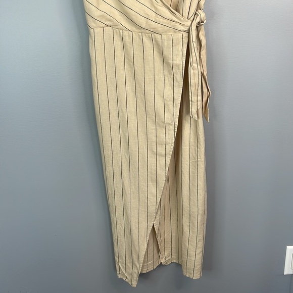 Urban Outfitters Quebec Beige Stripe Linen Blend Side Tie Midi Wrap Dress Size M - Picture 5 of 14